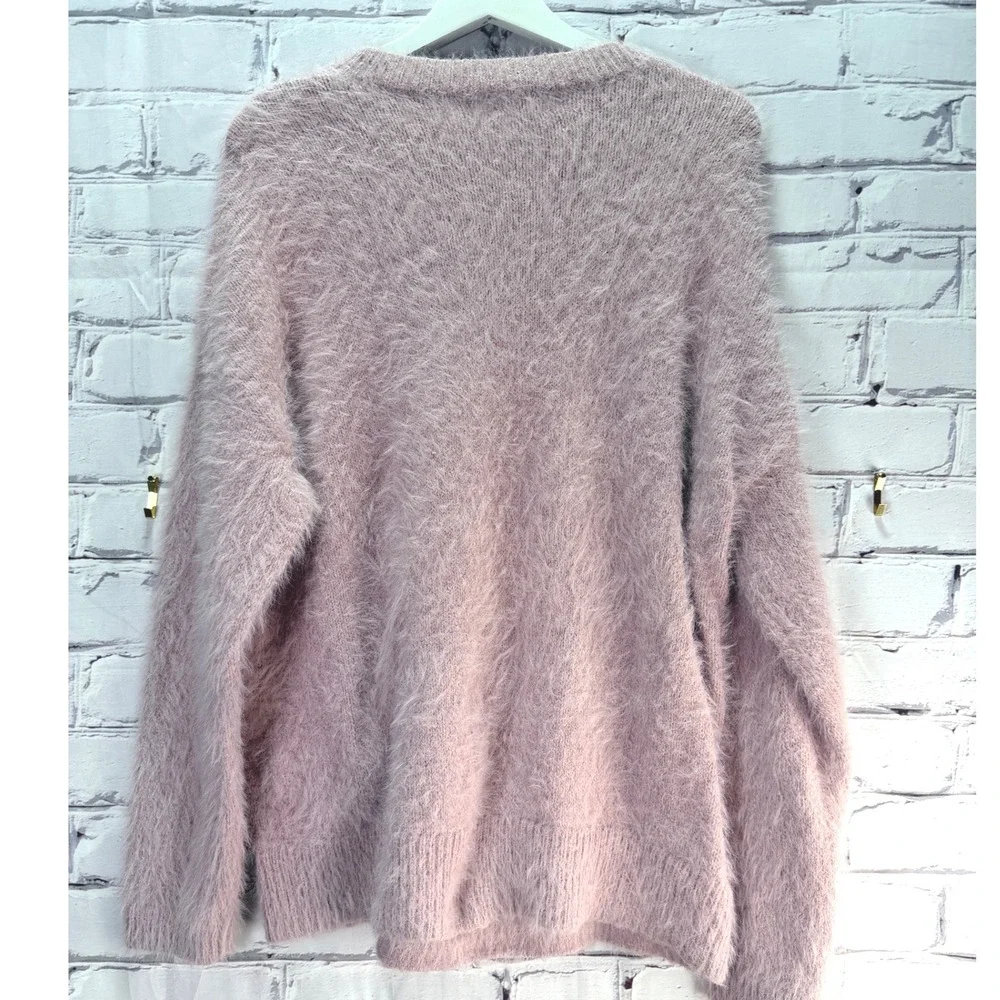 Open Edit Eyelash Knit Sweater Womens L Pink Fuzzy Pullover Crew Neck Cozy Soft